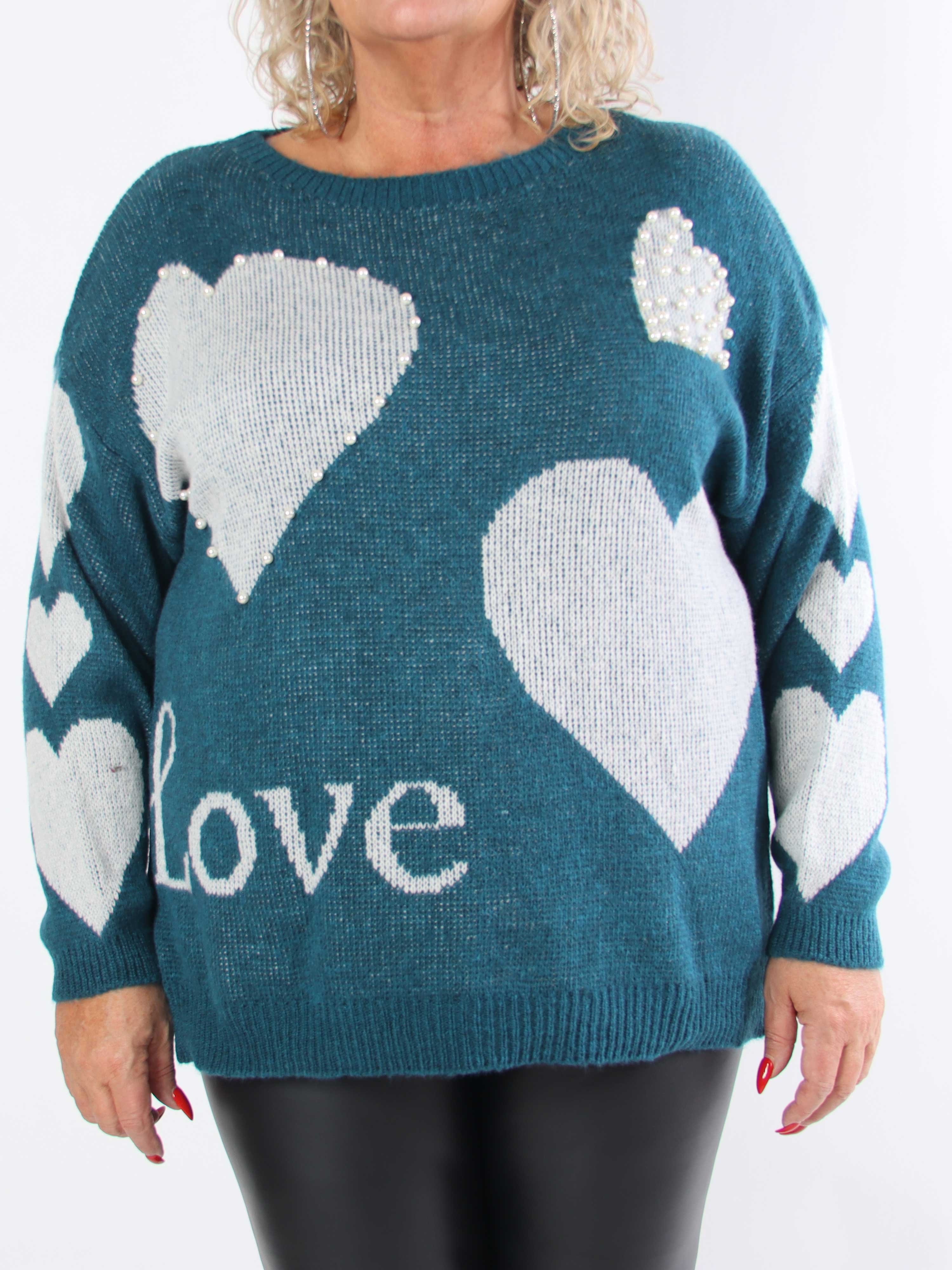 Valeria - Söt stickad tröja i plusstorlek med hjärtan och pärlor